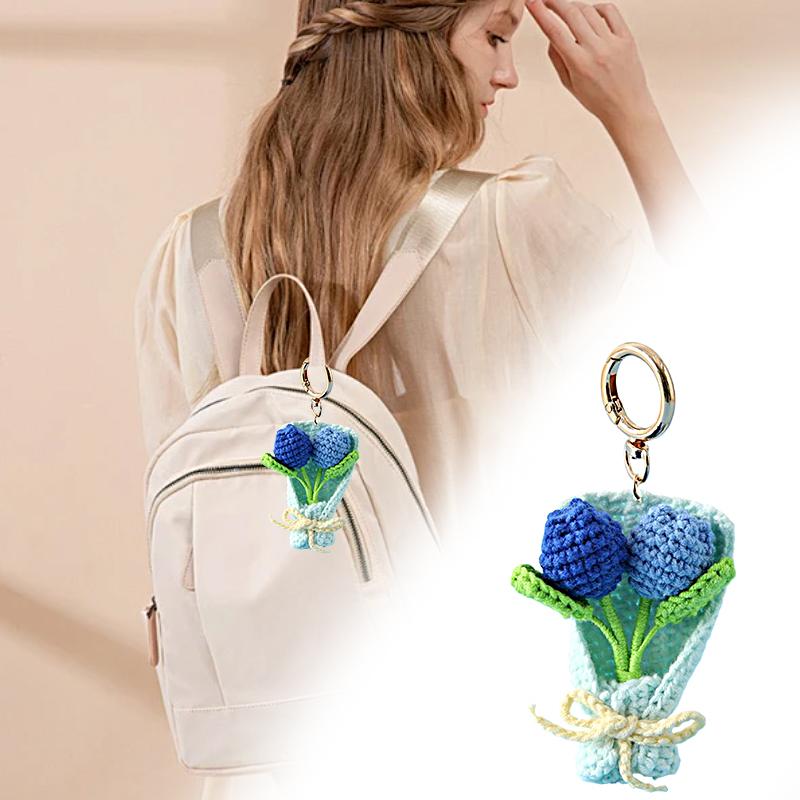 Crocheted Bouquet Bag Pendant Handmade Key Rings Holders Gift Accessories Simulated Tulip Ornament Keychain Decorative 5 Colors