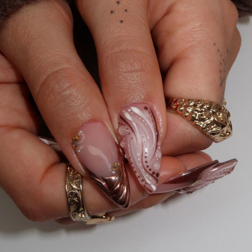 Elegant 3D Sculpted Floral False Nail Brown French Tips Press On Nail Easy Application Long Lasting