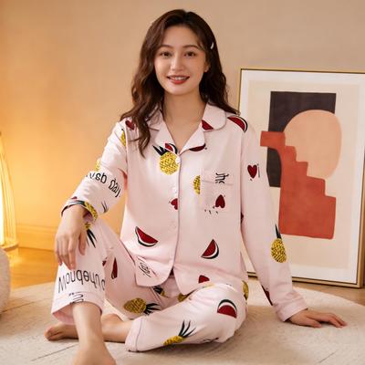 Women's Spring Pajama Set - Sweet Fresh Style Cardigan with Long Sleeve Top and Pants