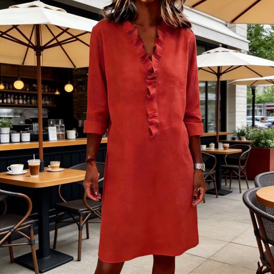 Sommerkleid für Damen Lässig Rüschenbesatz V-Ausschnitt A-Linie Midi-Kleid Langarm Urlaubs-Reise-Outfit mit Taschen