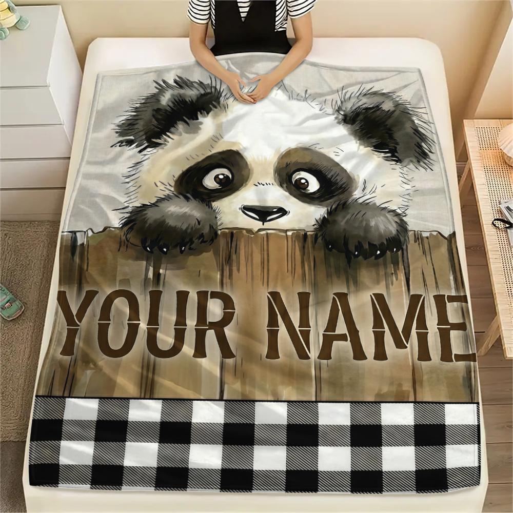 1PC Custom Name Panda Love Heart Theme Patterned Flannel Blanket Suitable For All Seasons for Home Decor Warmth and Comfort Gifts Holiday Present_lx