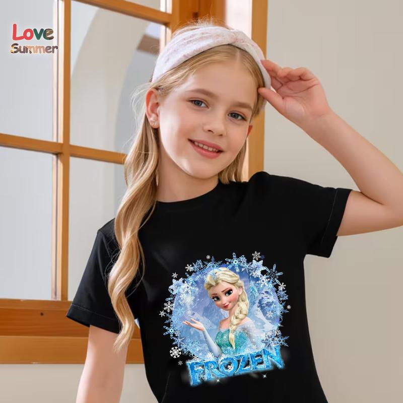Dívčí tričko Sněhová vločka Elsa Kreslený potisk Ležérní kulatý výstřih Krátký rukáv Pružný střih Perfektní pro jaro 2026 Každodenní nošení