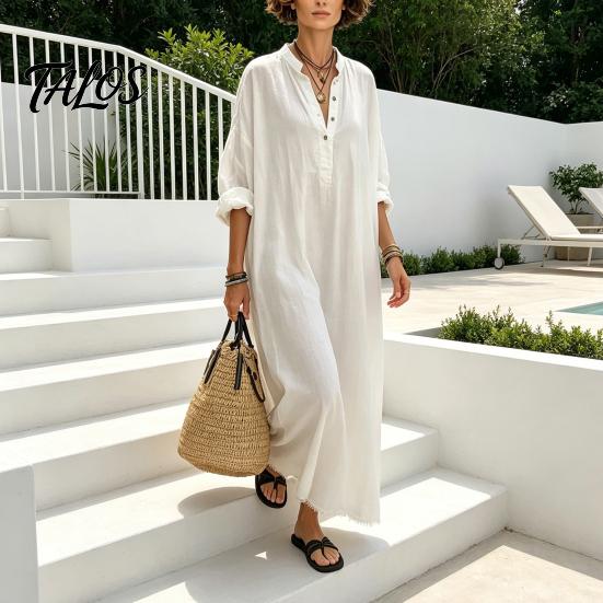 Beach Dress for Women Summer Maxi Women, V-Neck Casual Oversized Boho Long Elegant Dress, Sleeve Button Up Vacation Sundress with Pockets Lightweight