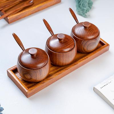 Japanese Style Wooden Seasoning Jar Set Solid Wooden Seasoning Box with Lid with Spoon Salt Container Kitchen Accessories