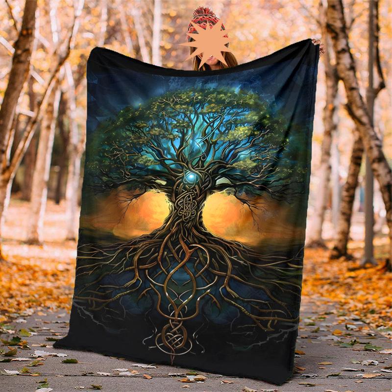 Runes Tree Life Flannel Blanket Soft Warm All-Season Throw, Design for Camping, Car Travel, Hiking Sofa, Bed, Office Perfect Gift for Parties