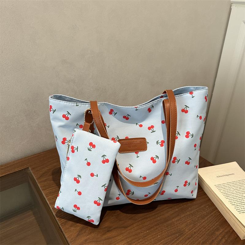 Cherry Print Tote Bag, Large Capacity Shoulder Bag, Matching Small Pouch, Pu Leather Handle, Casual Daily Work Shopping Handbag For Women