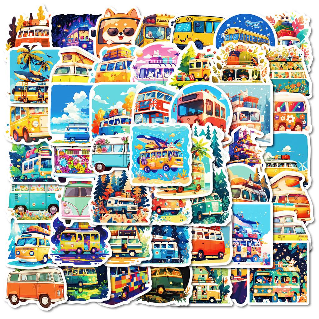 50 Cute Multicolor Floats Bus Cartoon Transportation Series Waterproof Decorative Stickers Children'S Enlightenment Education
