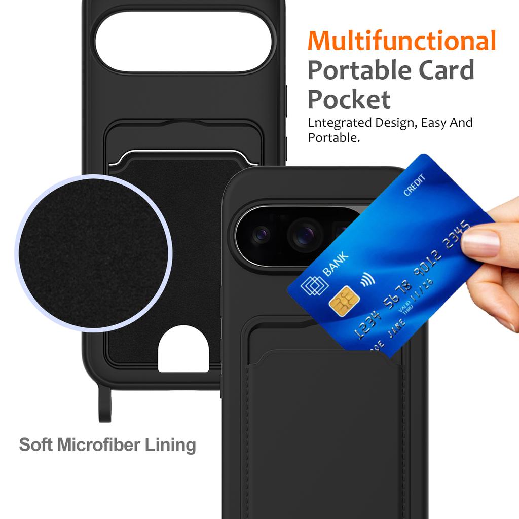 For Google Pixel 10 Pro XL Case Liquid Silicone Card Holder Back Phone Cover with Lanyard
