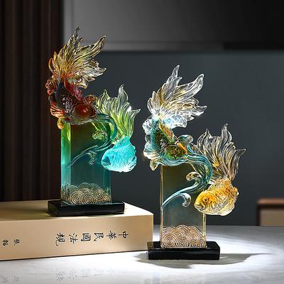 Resin Handicrafts Transparent Colored Gradient Goldfish Simulation Animal Sculpture Wavy Fish Ornaments Home Decoration