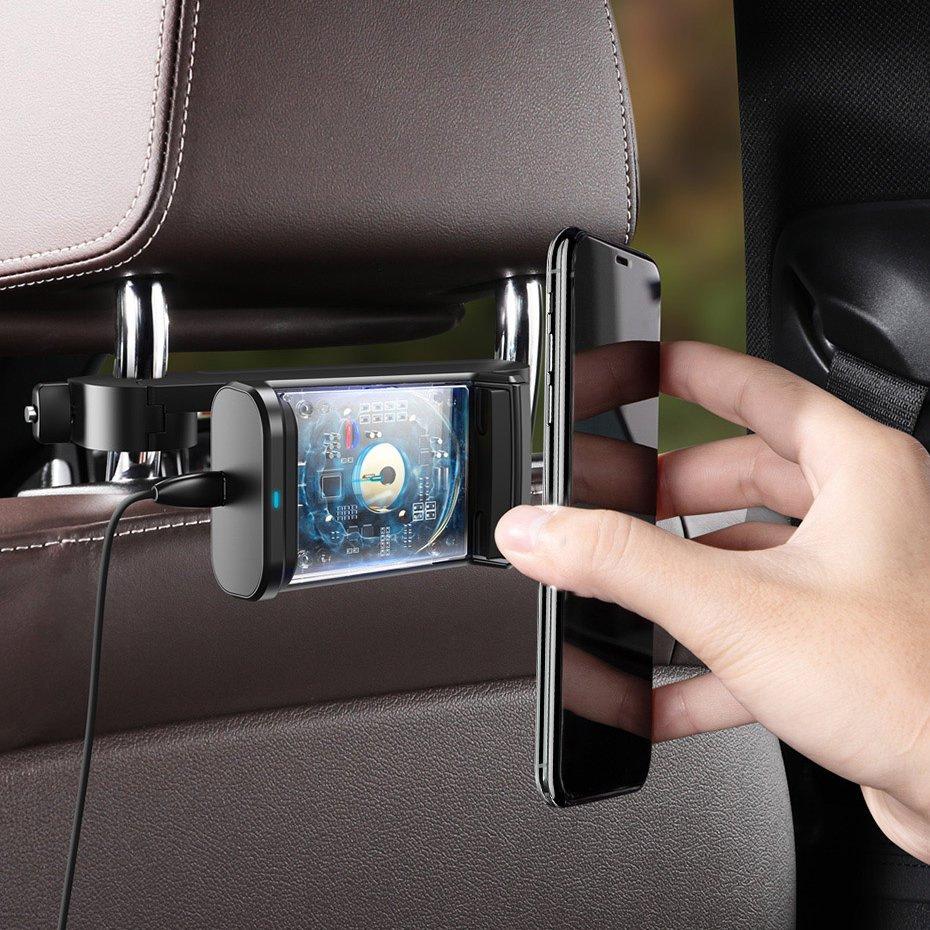Baseus 15W Qi Wireless Charging Car Headrest Phone Mount - Black (Model WXHZ-01)