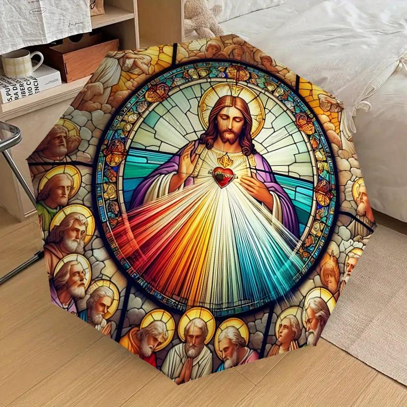 1PC Stained Glass JesusAutomatic Open/Close Umbrella with Windproof, 8-Rib Sturdy Canopy, Durable Ribs, Fashionable Design1301A