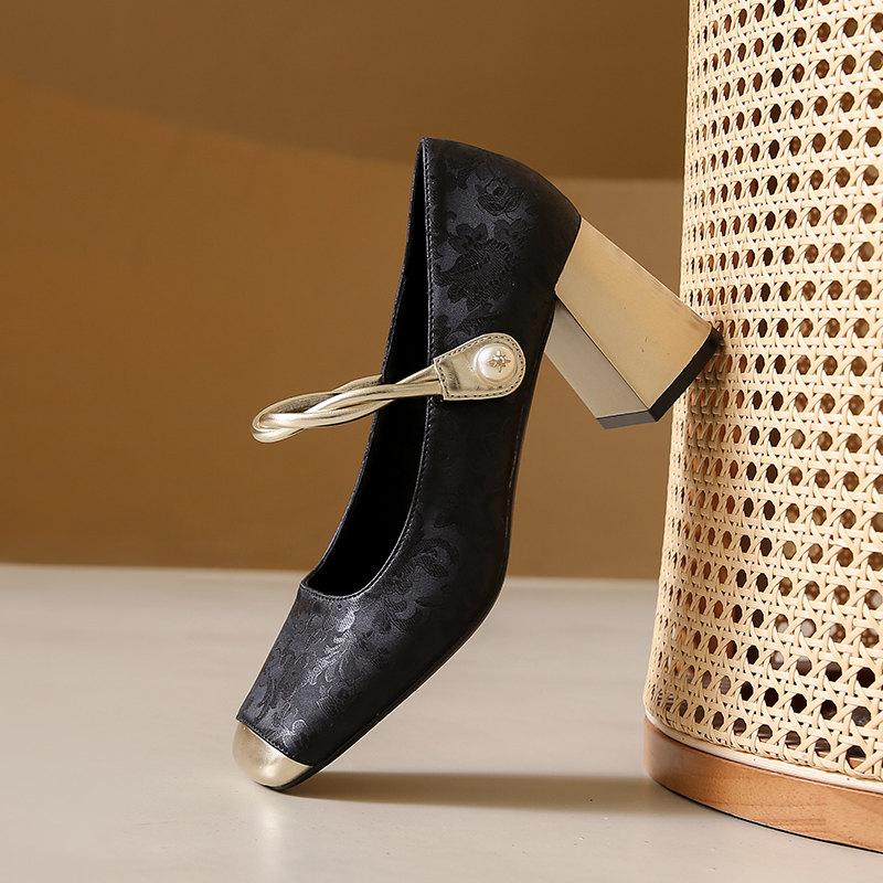 Mode Élégant Escarpins à bout carré Femme Chaussures Mary Jane Design Imprimé Mode Française Talons hauts peu profonds Talons carrés Femme Chaussures de ville