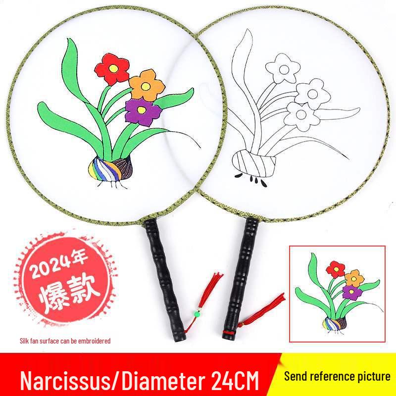 DIY Children's Silk Cloth Round Fan with Bamboo Handle - Palace Style Hand-Painted Kindergarten Craft