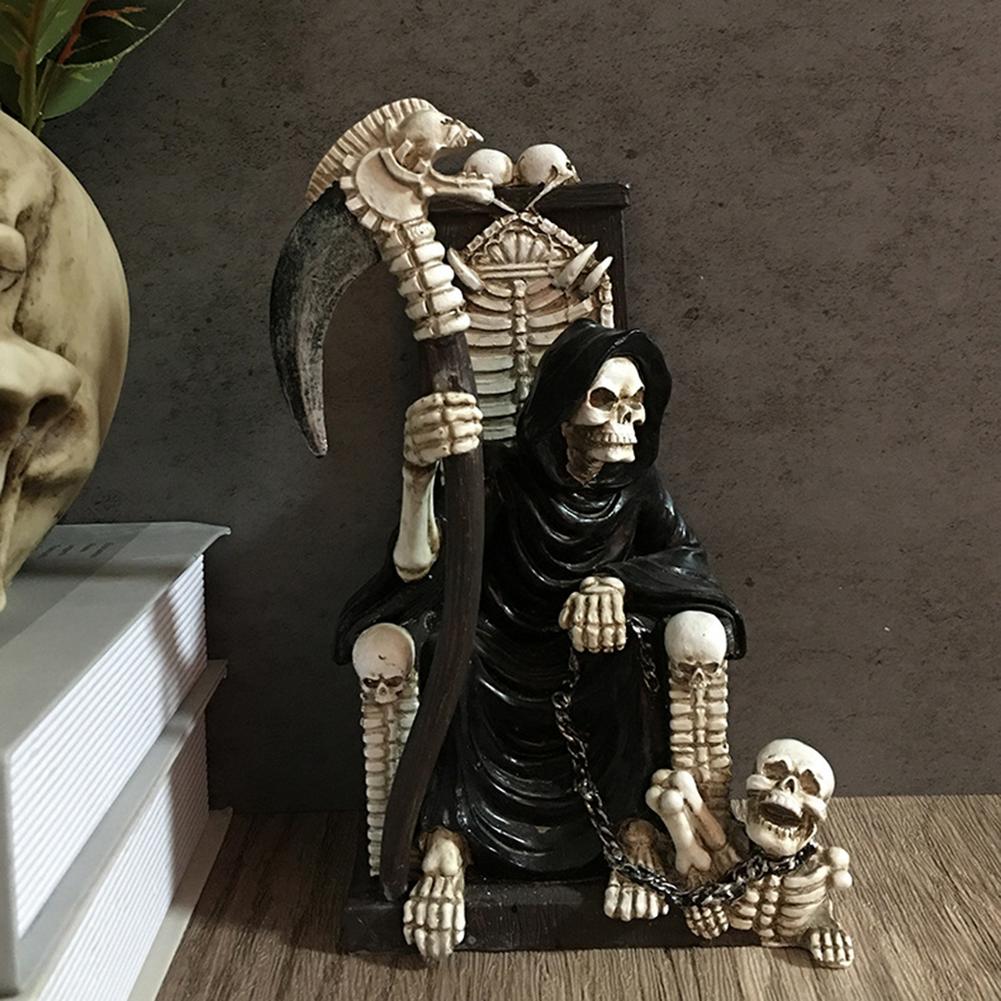 Evil Grim Reaper Statue Reaper On Bone Throne Statue With Scythe For Halloween Spooky Gothic Decoration Sculptures Fantasy Decor