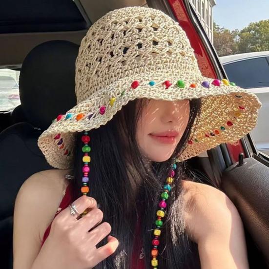Summer Fisherman Hat, Hollow Straw Weaving Large Brim Beach Hat, Foldable Portable Rainbow Color Basin Hat