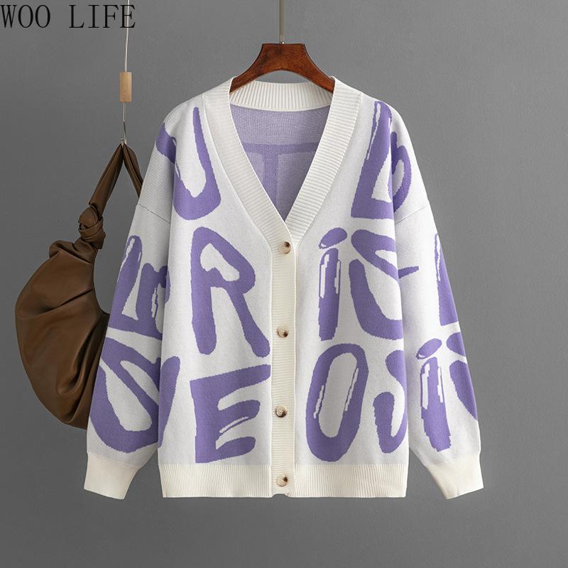 Women Letter Print Cardigan Knit Button Down Long Sleeve Open Front Sweater New Fall Winter Fashion