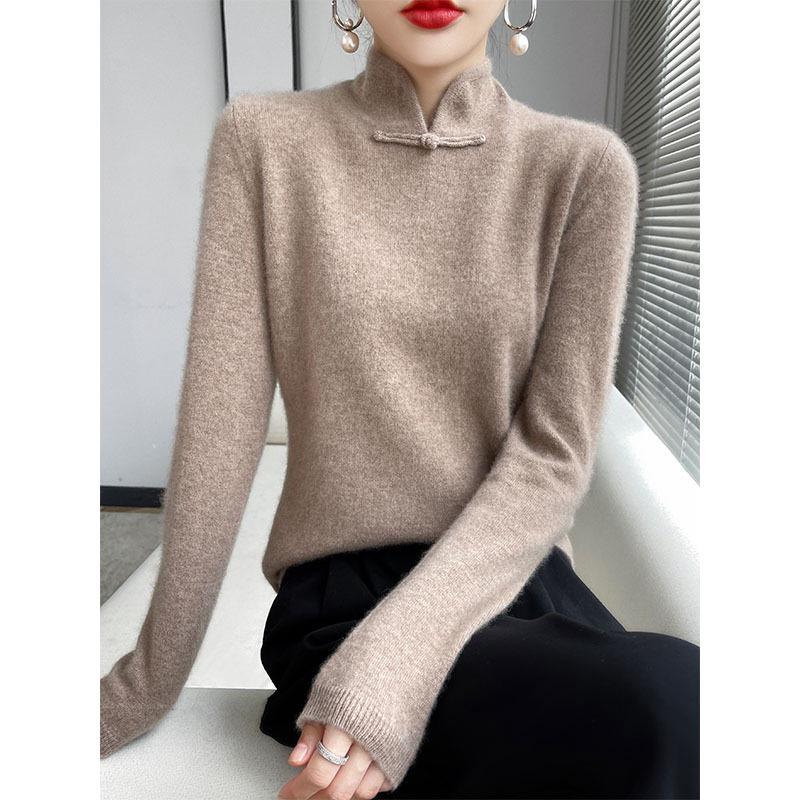 Chinese Retro Knitted High-Neck Cashmere Wool Sweater with Frog Buttons for Women