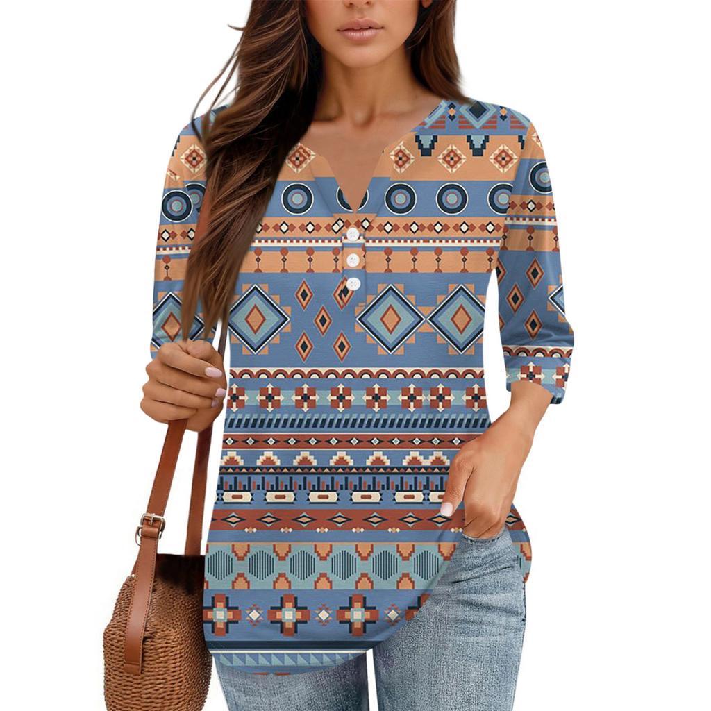 Damen V-Ausschnitt Freizeit Dreiviertelarm Knopf-Detail Top mit Blumenmuster