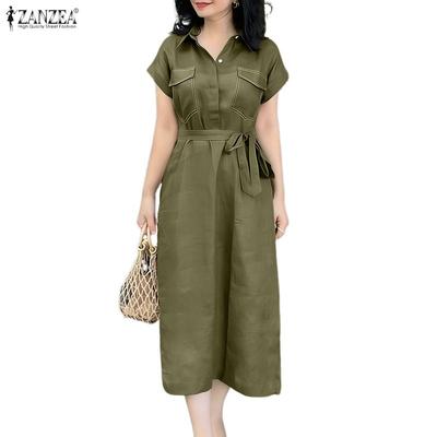 Women Casual Turn Down Collar Loose Short Sleeve Dress