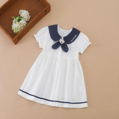 Entzückendes weißes Baby-Mädchenkleid mit marineblauem Kragen & Schleife – Sommer-Kleinkind-Outfit für Mädchen