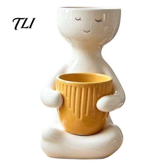 Zen Desktop Flower Pot Smiling Face Plant Pot, Double Planting Space Planter, Cute Resin Holder Sitting Figure Flowerpot for Succulents, Home