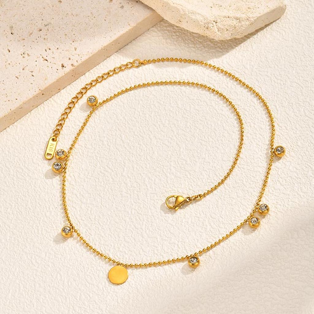 Wind Jewelry, Stainless Steel Disc Bead Chain Necklace, Slightly Inlaid Zircon Women'S Collarbone Chain Nc-2491