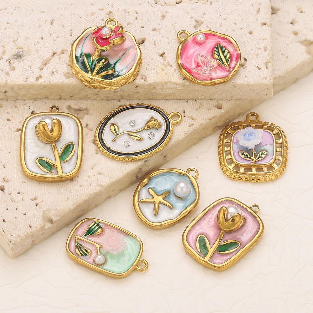 Colorful Oil Drop Flower Pendant Stainless Steel Gold Color Charm Necklace Bracelet DIY Making Jewelry Accessories Dropshipping