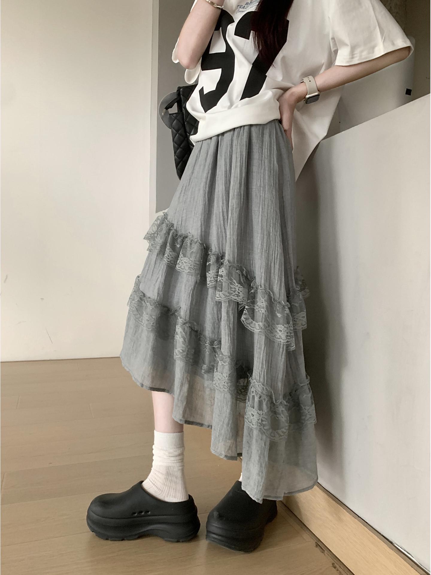 

Женская французская лоскутная юбка с кружевом - Серая, нерегулярный стиль Харадзюку для весны/лета Small серый