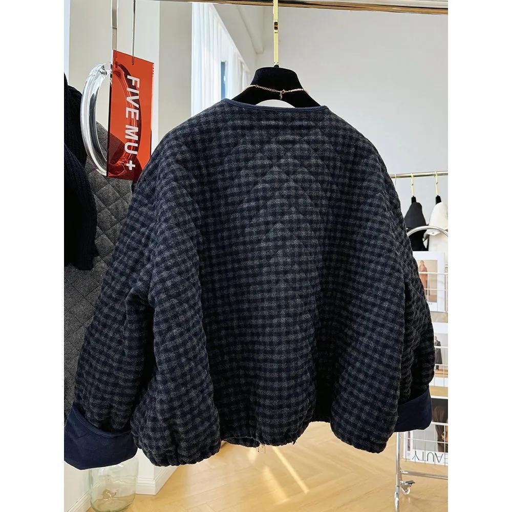 Women's Autumn Casual Warm Top Ound-neck Dark Plaid Jacket Female Long-sleeved Outer Wear Loose Coat