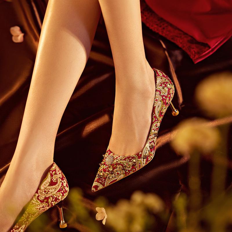 2025 Red Xiuhe Bridal High Heels - Studded Chinese Wedding Toasting Shoes