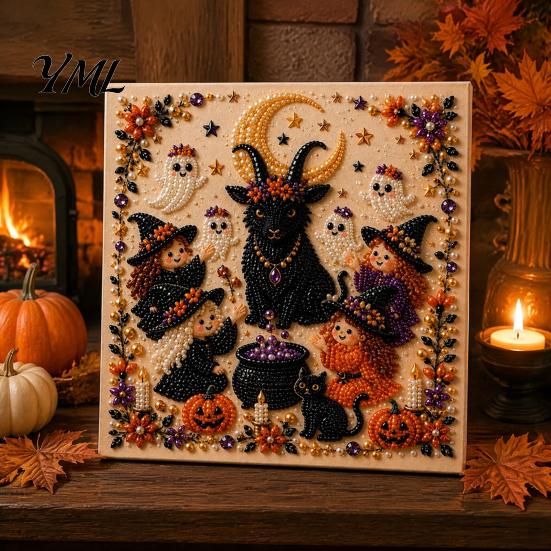Handmade Ghost Pumpkin Art Halloween Faux Pearl DIY Kit, 3D Bead Embroidery Craft Set, Spooky Haunted House Goat Witch Wall Art, Seasonal Home