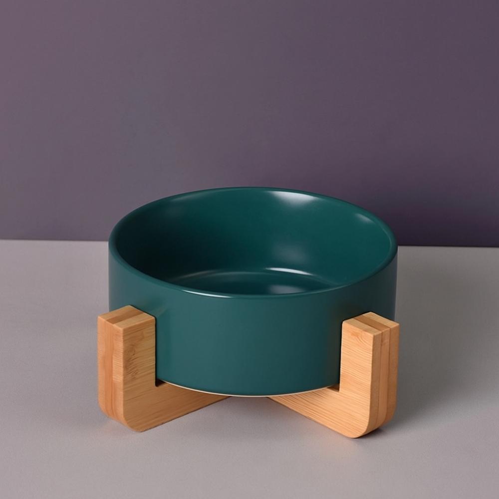 Large Caliber Ceramic Cat Bowl Anti-Overturn Cervical Spine Cat Water Food Bowl No Spill with Wooden Rack High Footed Dog Bowl