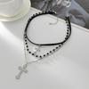 Sweet Cool Wind Cross Pendant Necklace, Gothic Diablo Crystal Beads Stacked Collarbone Chain