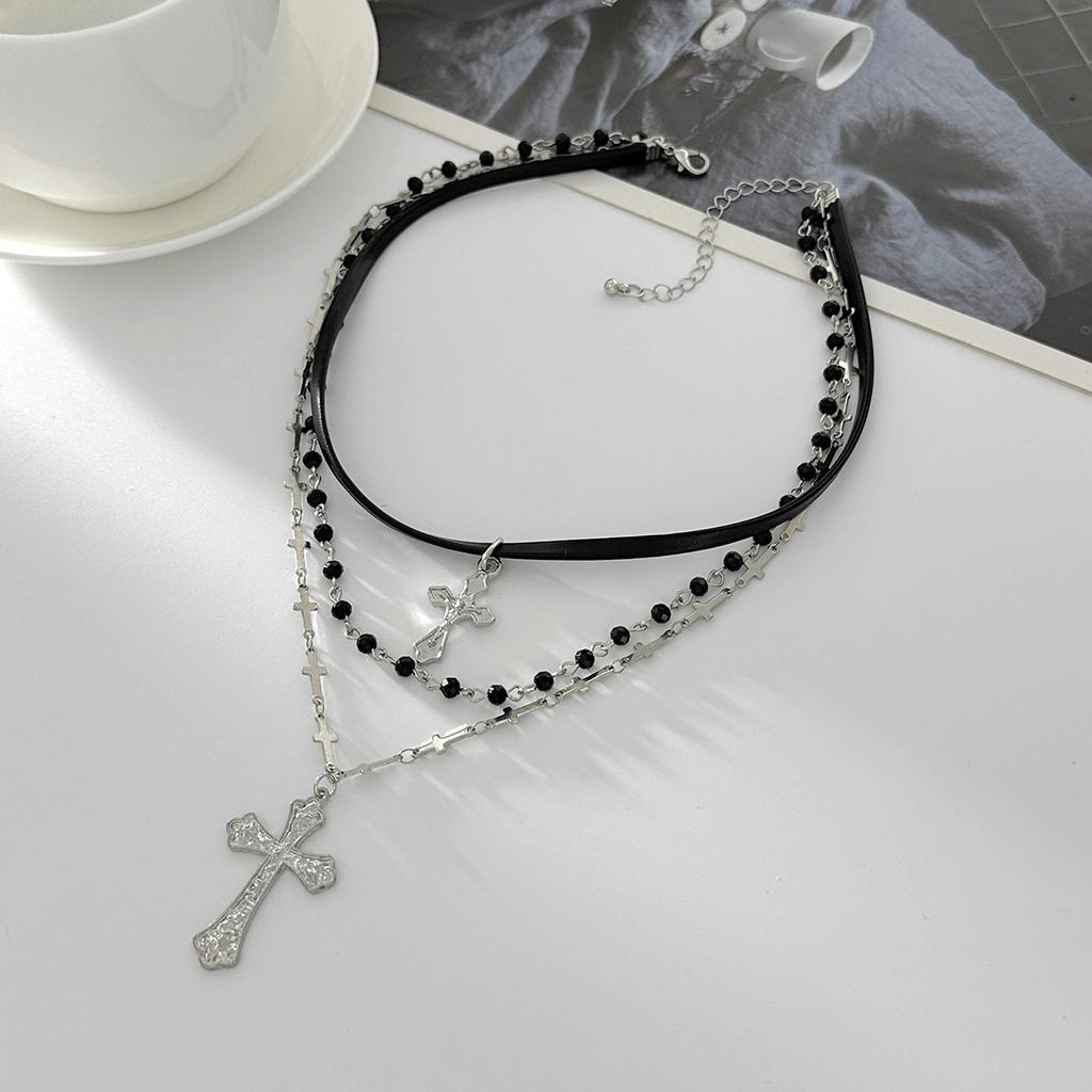 Sweet Cool Wind Cross Pendant Necklace, Gothic Diablo Crystal Beads Stacked Collarbone Chain