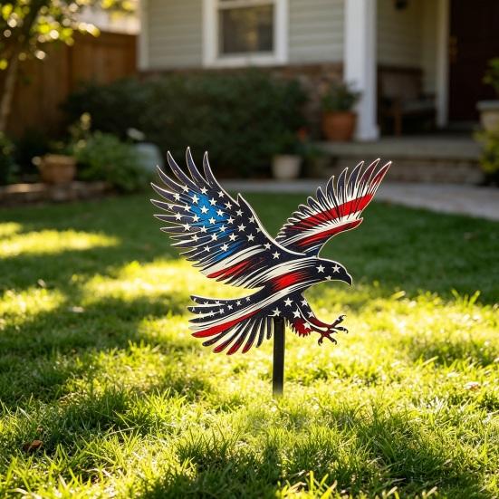 4th of July Garden Stake Stars And Stripes Eagle Yard Art Stake Patriotic Outdoor Decoration with Ground Stake for Flower Bed Lawn