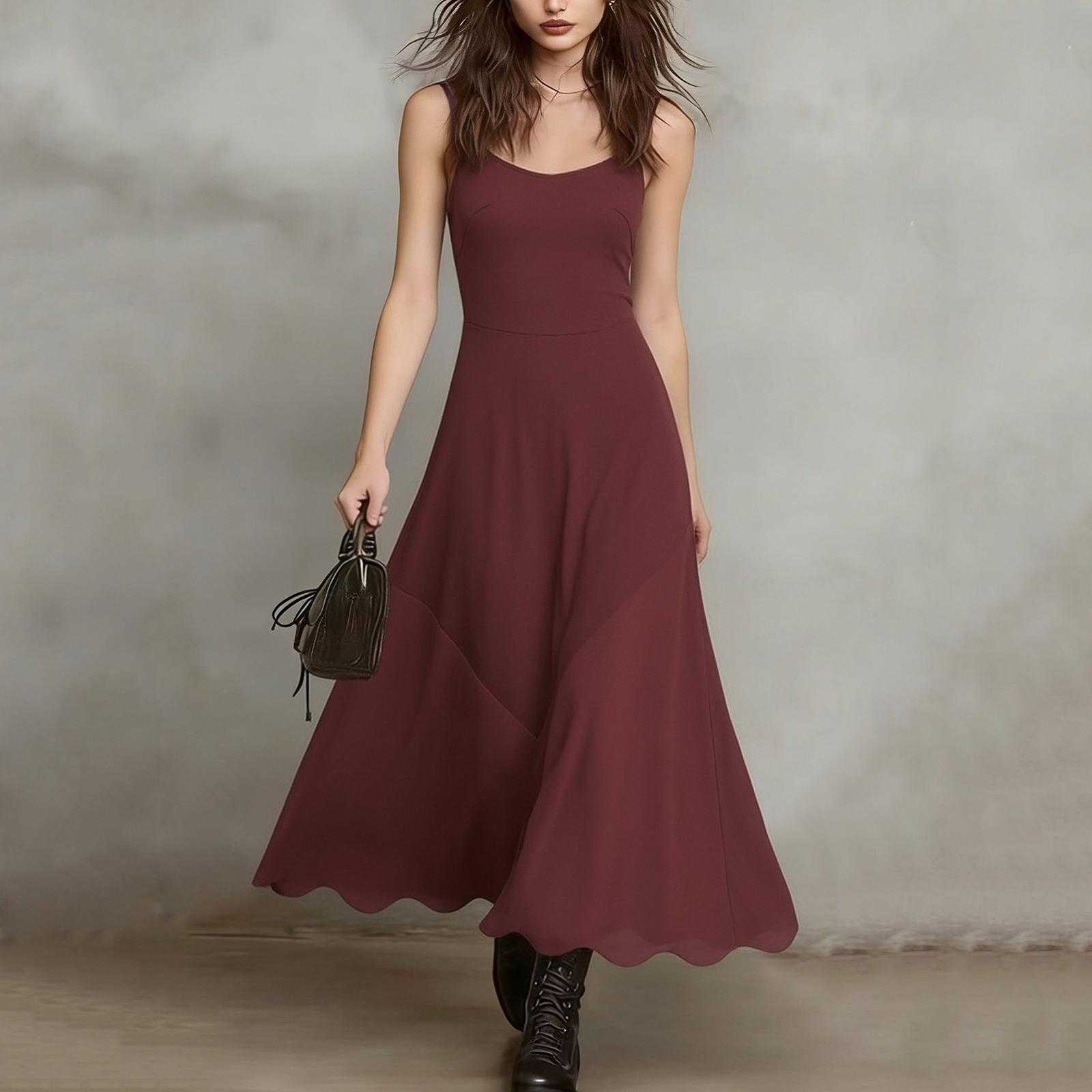 

Women’s Summer High Waist Mesh Sleeveless A Line Dress Solid Spaghetti Strap Casual Flowing Long Dress for Daily Wear XL винний