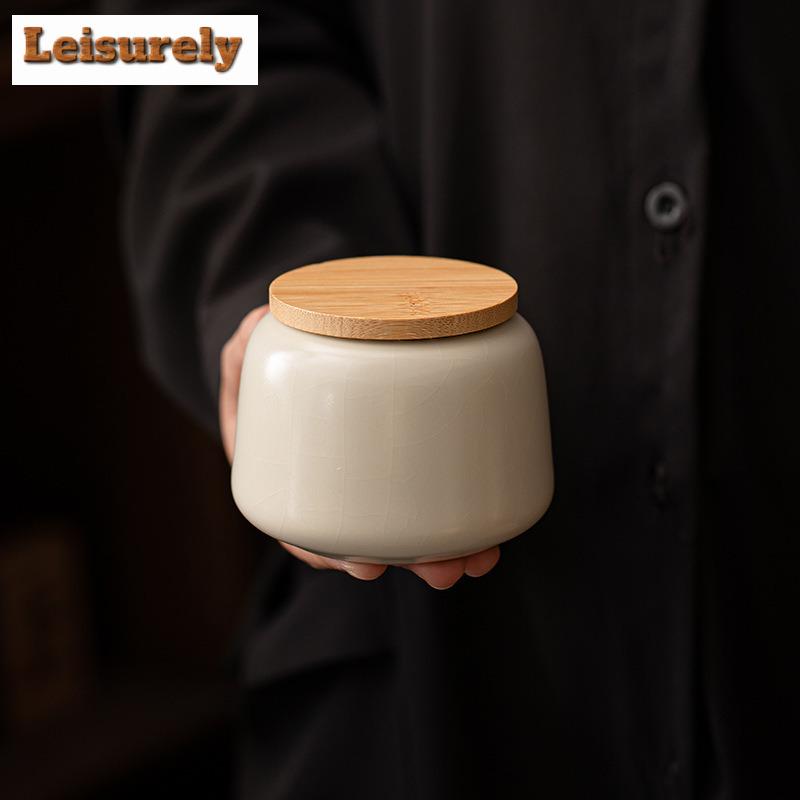 Cream Ru Kiln Porcelain Tea Box Organizer Moisture-proof Luxury Storage Tank Containers Tea Caddy Chinese Tea Set Decoration