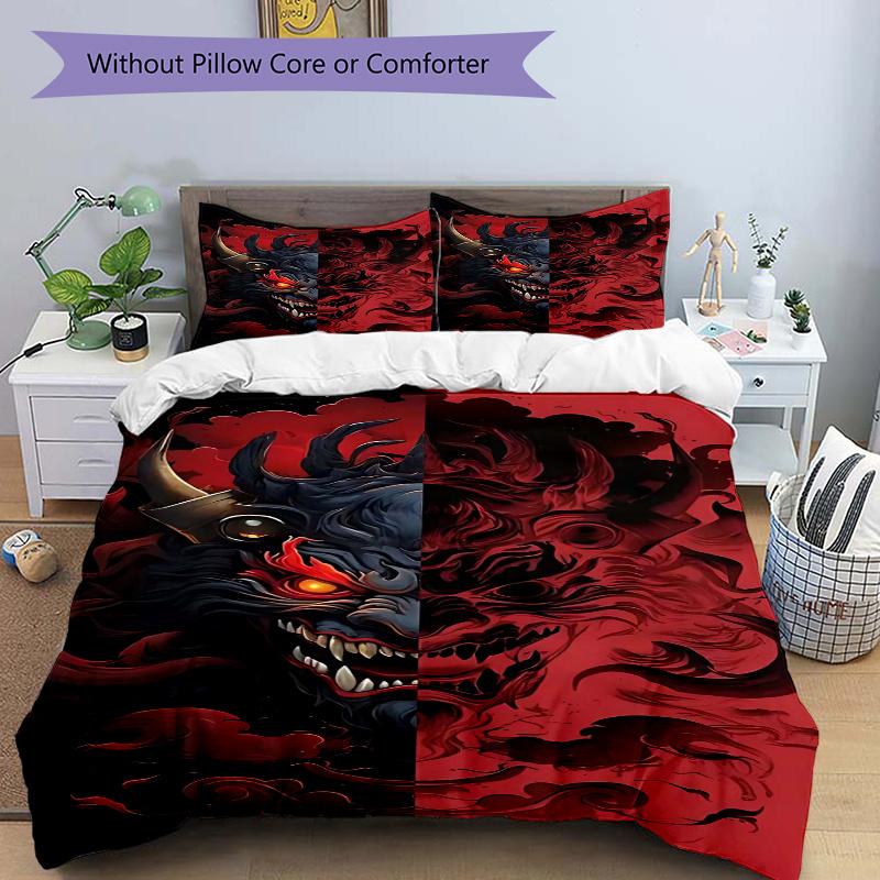 

3pcs Anime Demon Mask Comforter Set with 1 Quilt Cover and 2 Pillowcases (No Core) - Home Decor, Festival Gift, Polyester Fabric, Anime Cartoon Design 135x200cm
