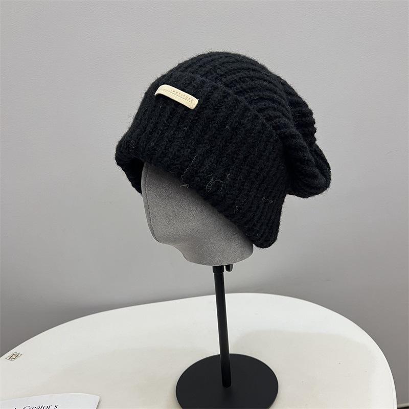 

Модный ленивый ветер большая версия кашемировая шерстяная шапка женская зимняя защита ушей теплая вязаная шапка с отворотом прилив M（56-58cm） чёрный