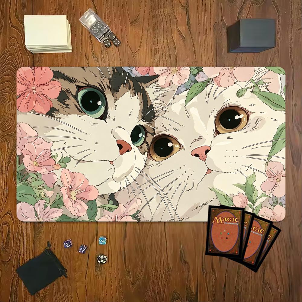Cartoon Two Cats Floral Pattern Gaming Mouse Pad Playmat 24x14 Mtg Tcg Office Desk Mat For Work Game Pc Laptop Carpet Mousepad