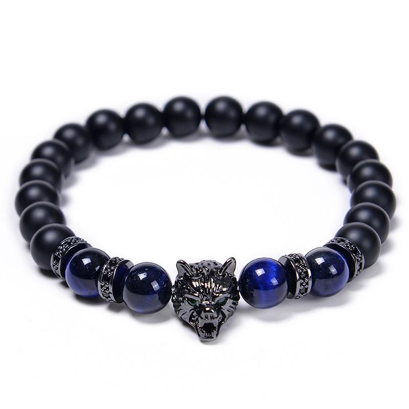 Wolf Charm Bracelets Men Natural Black Agates Onyx Stone Bracelet Brave Blue Tiger Eye Elastic 8 Mm Beads  Beaded Pulsera