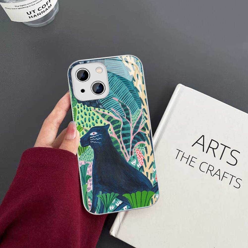 Jungle Art Illustration Snake Cats Sloth Tempered Glass For Iphone 14 13 12 11 Pro Mini XS MAX 14Plus X XS XR Fundas