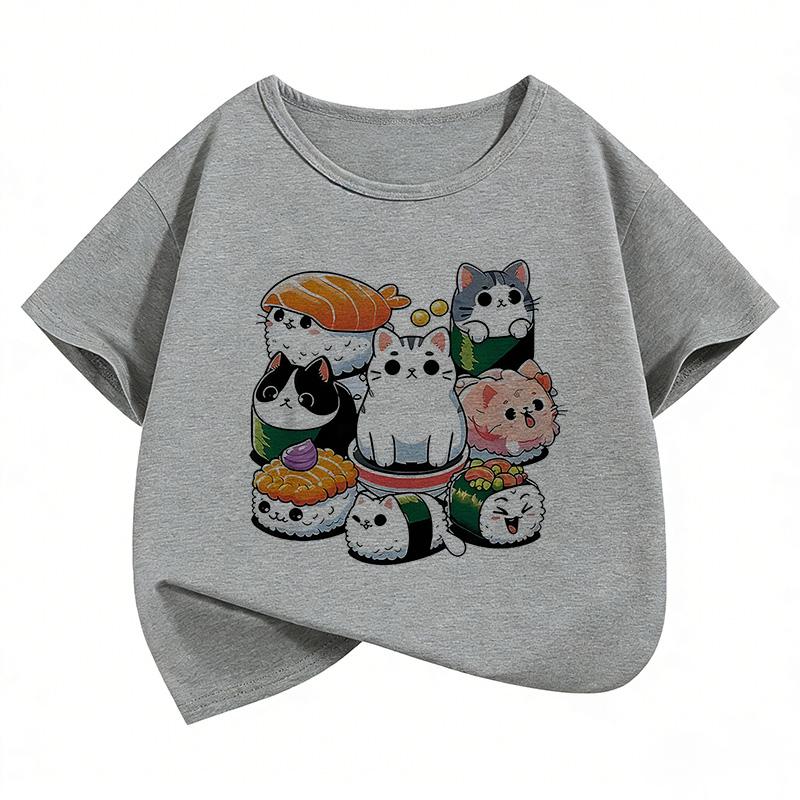 Boys and Girls Summer Cute Funny Sushi Cat Food Design Print Short-sleeve Children's T-shirt