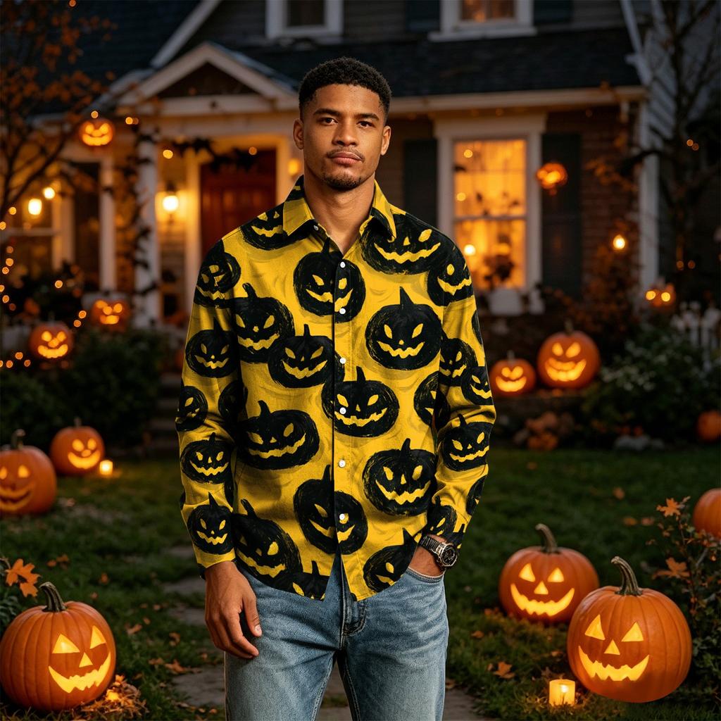 Men's Long Sleeve Button-Down Halloween Print Shirt for Casual Party Wear
