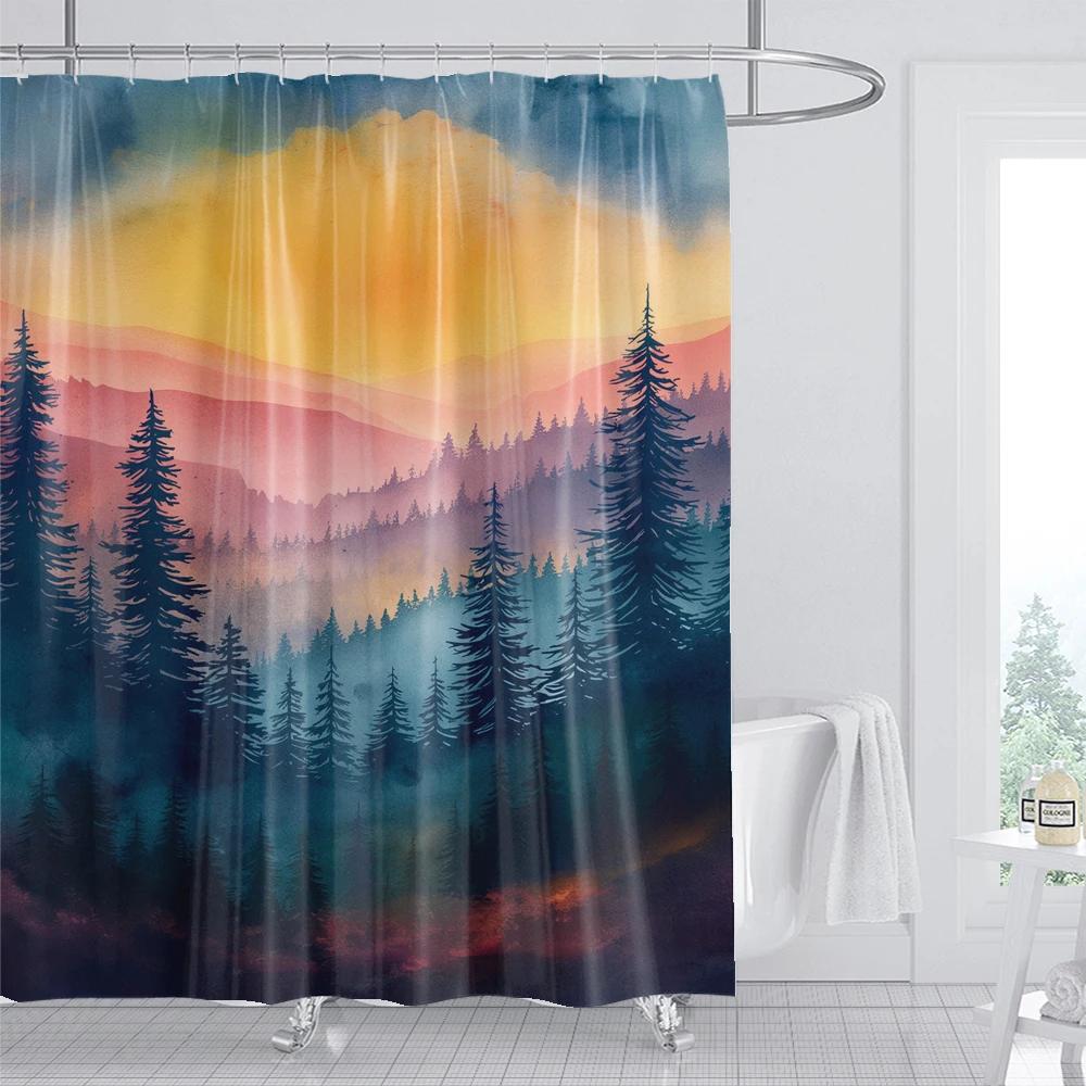 

1Pcs Watercolor landscape printed fabric waterproof shower curtain, bathroom decoration curtain, with hooks W90xH180cm