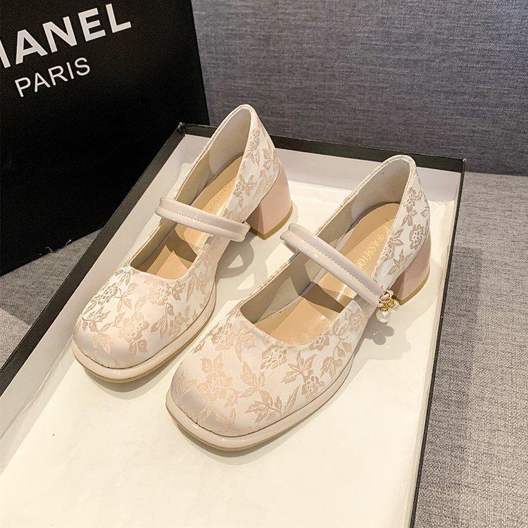 Dadong Mary Jane Shoes Women's Shoes 2025 Spring New Elegant Thick High Heel One-word Button Square Head New Chinese Single Shoes Women