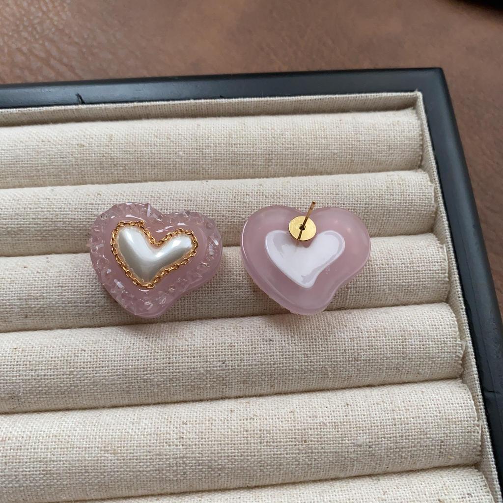 Pink Romantic Heart Stud Earrings - Exquisite Layered Soft Luxury