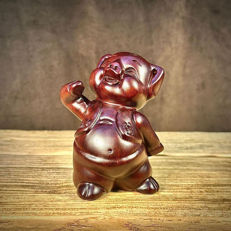 Ebony Zodiac Pig Ornament: Solid Wood Carving, Cute Handcrafted Gift for Girls Birthday
