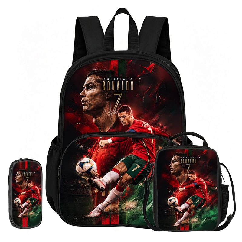 Learn, Travel Football Star School Bag Ronaldo 3 Pcs set with Front Pocket Backpack Lunch bag, Pencil Case, Sport Rucksack