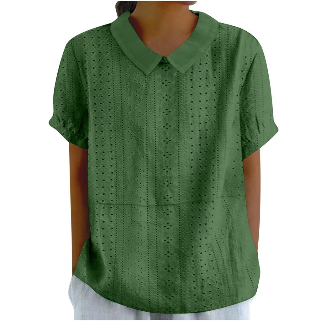 Damen Sommer Leinen Puppenkragen Kurzarm Locker Farbe Hemd Freizeit Knopf Patchwork Bluse